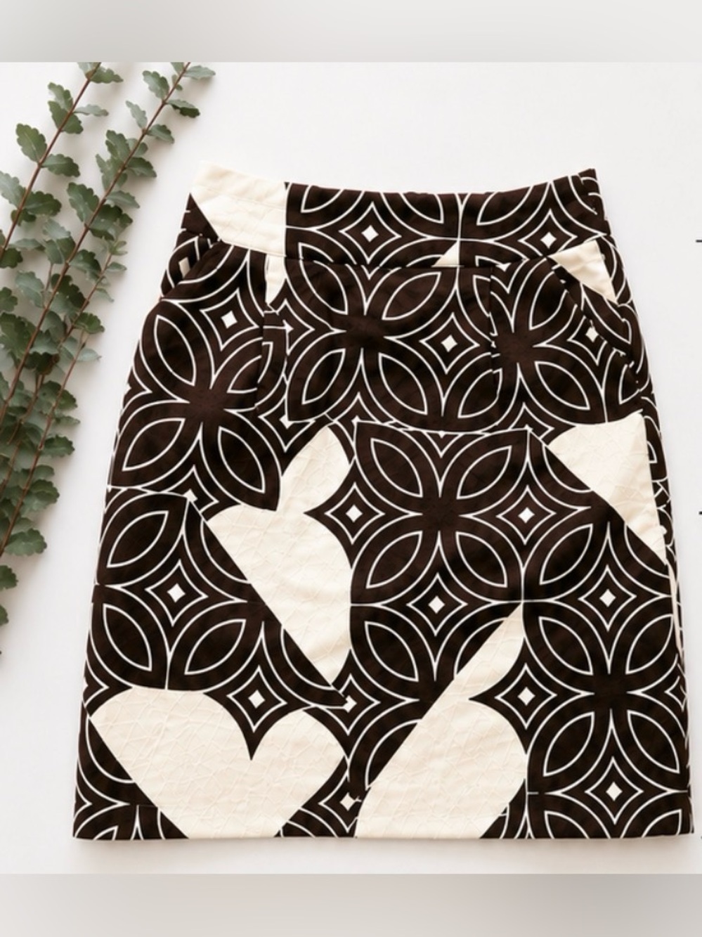 🆕 [Trina Turk] Brown & Ivory Geometric Print Cotton Lined Mini Skirt Sz 0